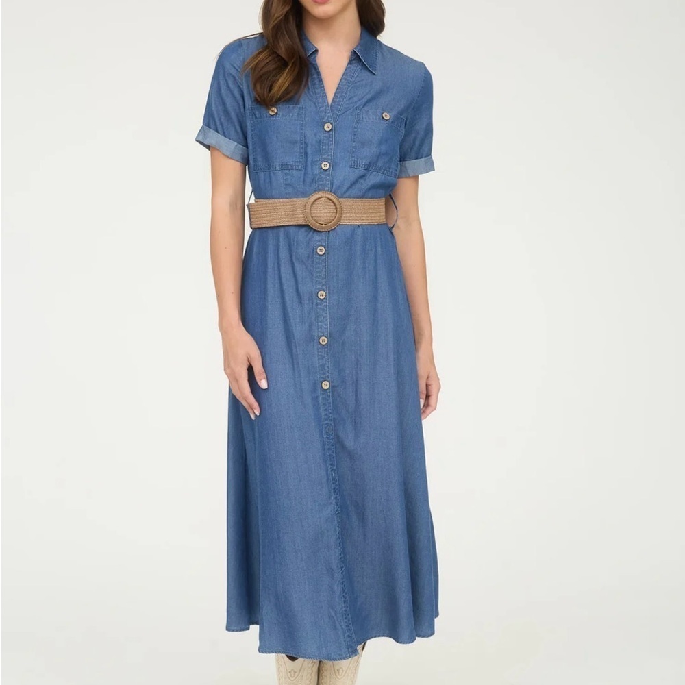 TB9023 Denim Blue Midi Dress with Tan Belt